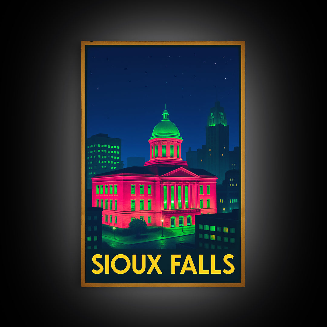 Sioux Falls South Dakota Travel Poster, Canvas Print, Neon Travel Art, Sioux Falls Print, Travel Poster Set, Watercolor Downtown Skyline