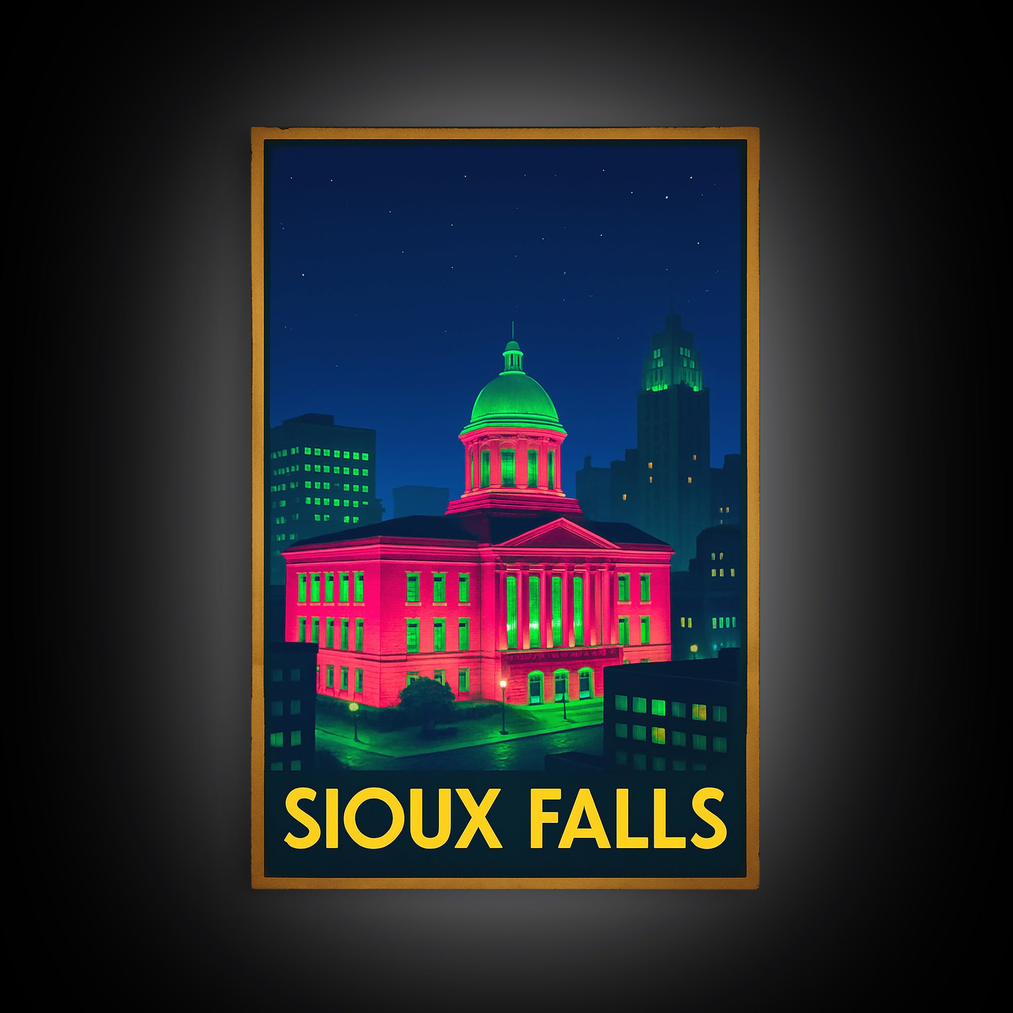 Sioux Falls South Dakota Travel Poster, Canvas Print, Neon Travel Art, Sioux Falls Print, Travel Poster Set, Watercolor Downtown Skyline