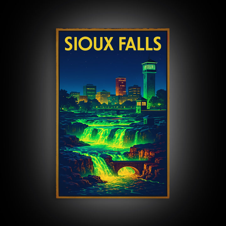 Sioux Falls Travel Poster, Canvas Print, Retro Neon Travel Art, Sioux Falls Poster Print, Living Room Wall Art, City Illustration