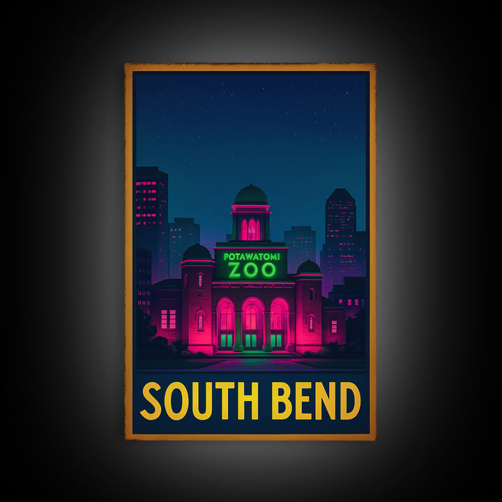 South Bend Indiana Travel Poster, Canvas Print, Neon Skyline Wall Art, South Bend City Art, Vintage Travel Print, Retro Travel Print