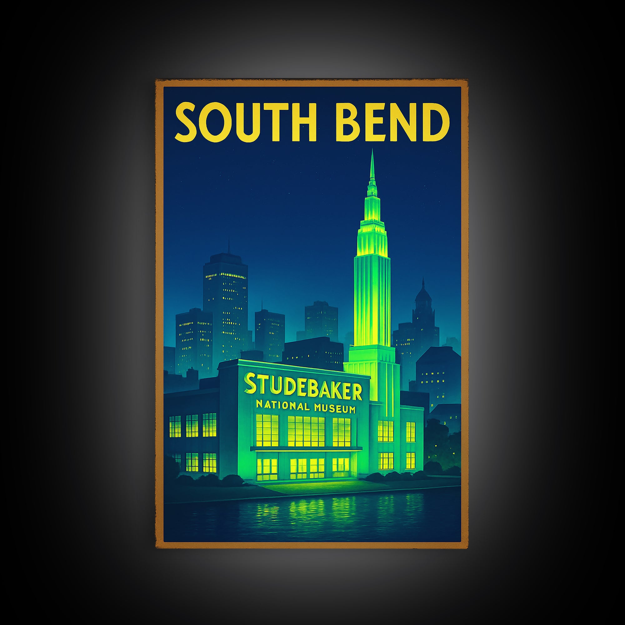 South Bend Travel Poster, Framed Canvas Print, Neon City Skyline Wall Art, South Bend Wall Art, Wanderlust Decor, Living Room Wall Art