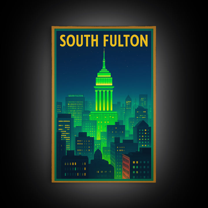 South Fulton Travel Poster, Canvas Print, Neon Urban Skyline Wall Art, South Fulton Art Print, Travel Poster Set, Living Room Wall Art