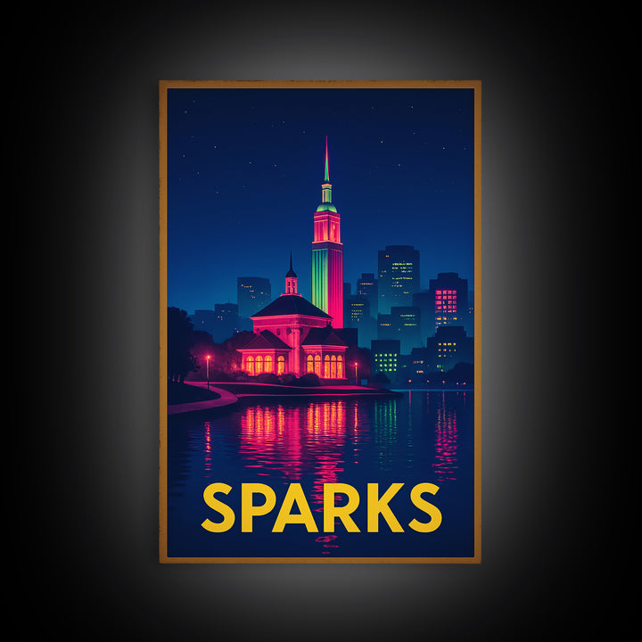 Sparks Nevada Travel Poster, Framed Canvas Print, Cyberpunk Style City Art, Sparks Poster Print, Travel Art Print, Mid Century Wall Art