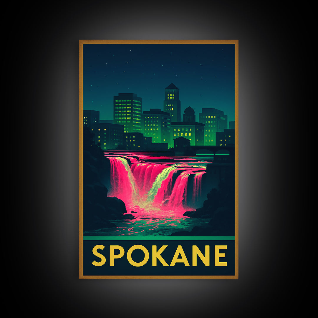 Spokane Washington Travel Poster, Canvas Print, Cyberpunk Style City Art, Spokane Poster Print, Mid Century Wall Art, Living Room Wall Art