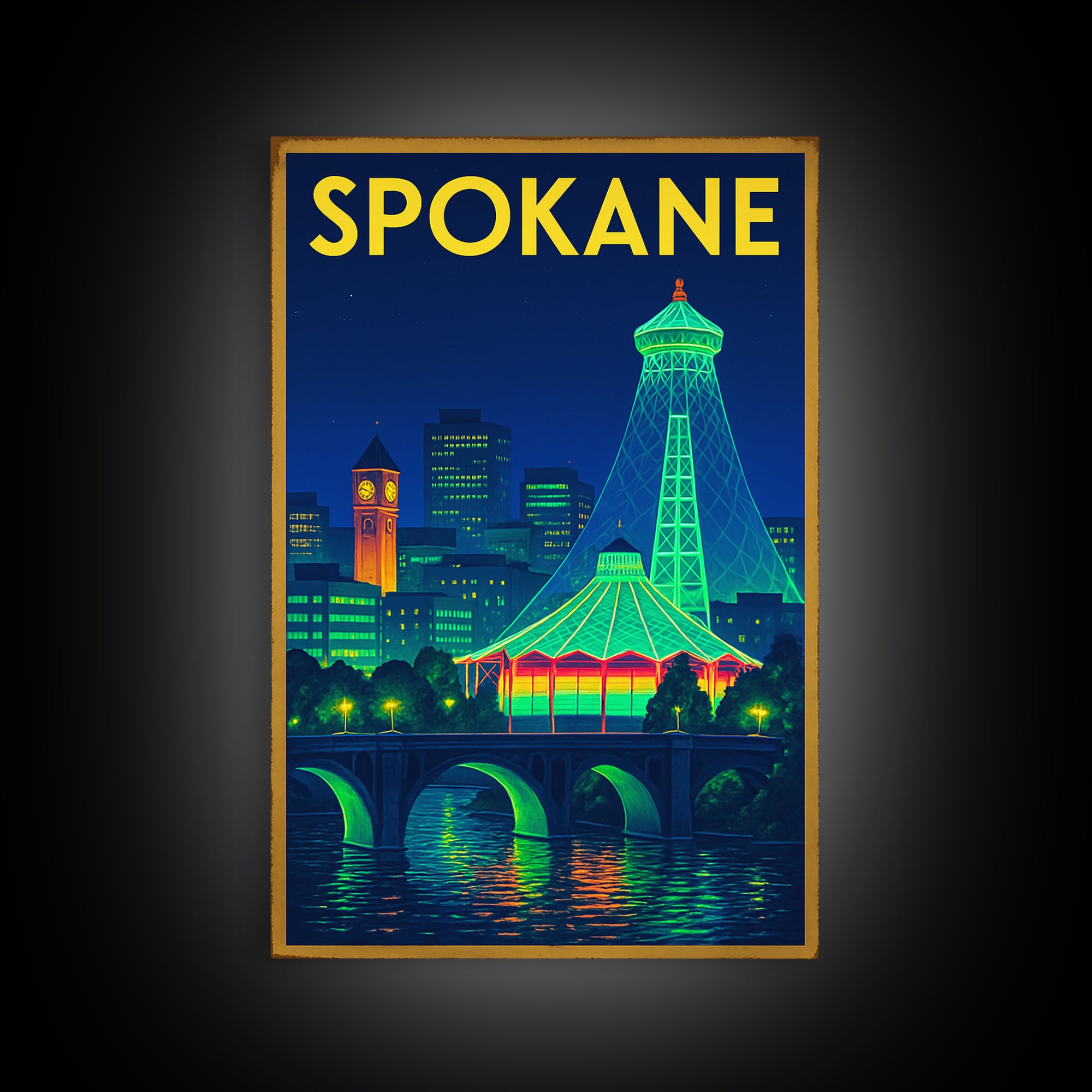 Spokane Travel Poster, Framed Canvas Print, Neon Skyline Wall Art, Spokane Travel Art, Travel Poster Set, Eclectic Wall Decor