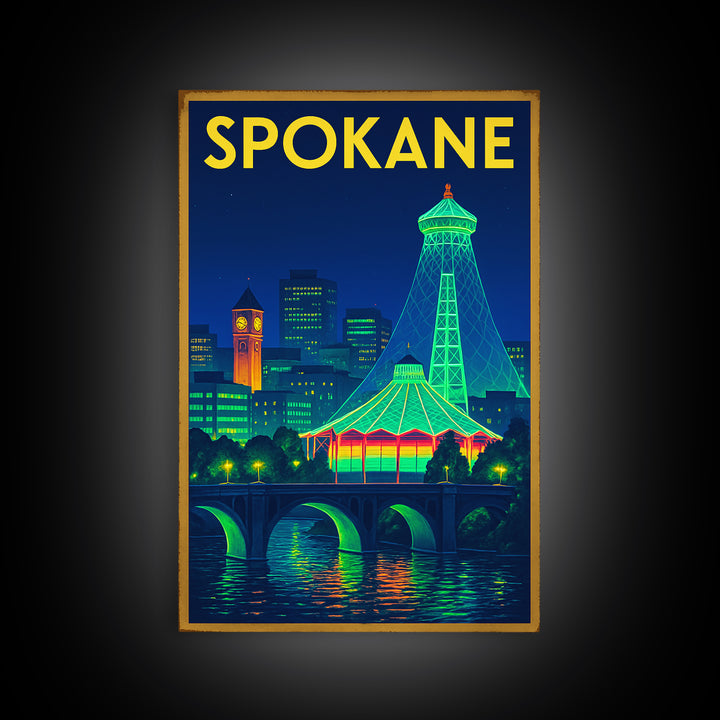 Spokane Travel Poster, Framed Canvas Print, Neon Skyline Wall Art, Spokane Travel Art, Travel Poster Set, Eclectic Wall Decor