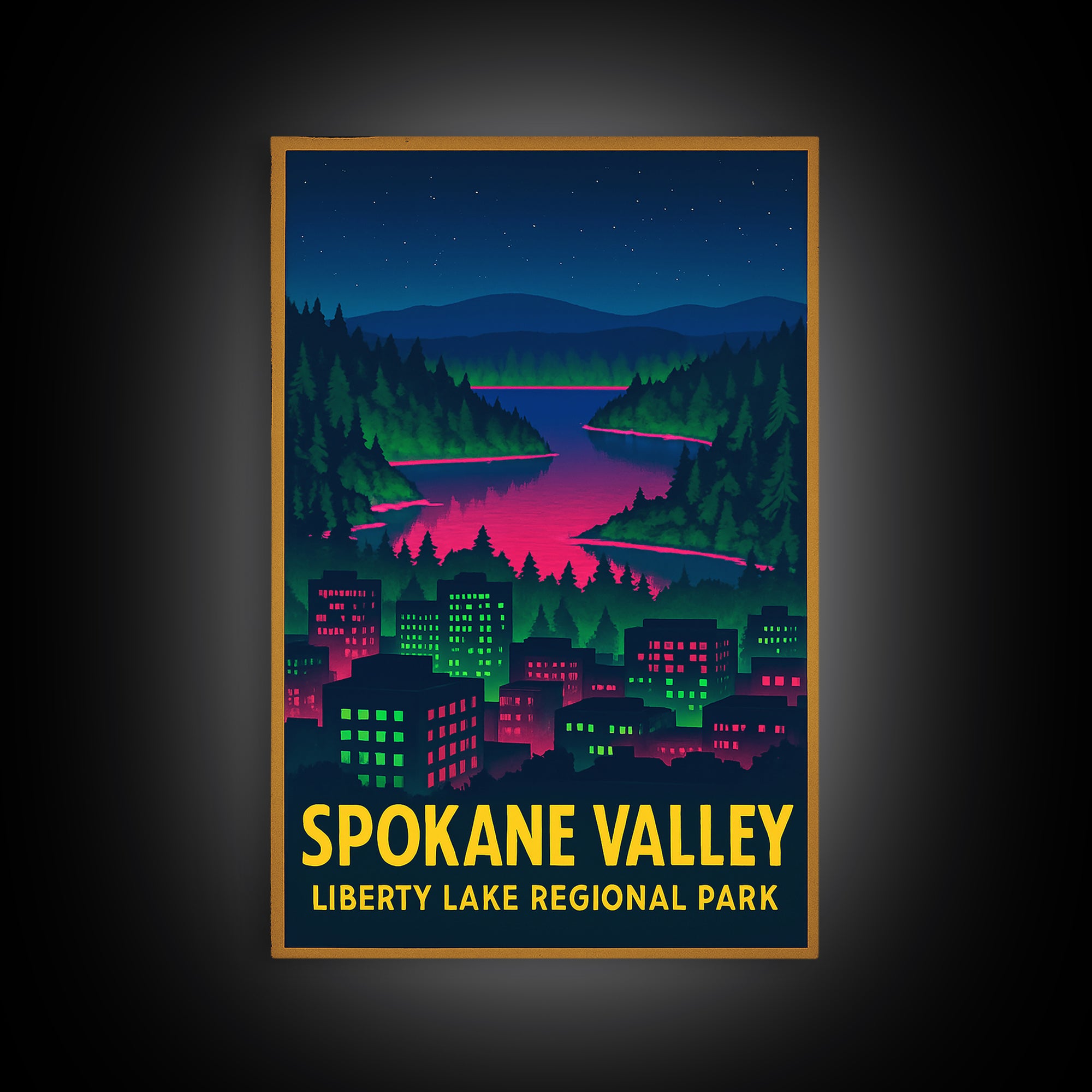 Spokane Valley Washington Travel Poster, Canvas Print, Electric Night Poster Art, Spokane Valley City Art, Travel Art Print