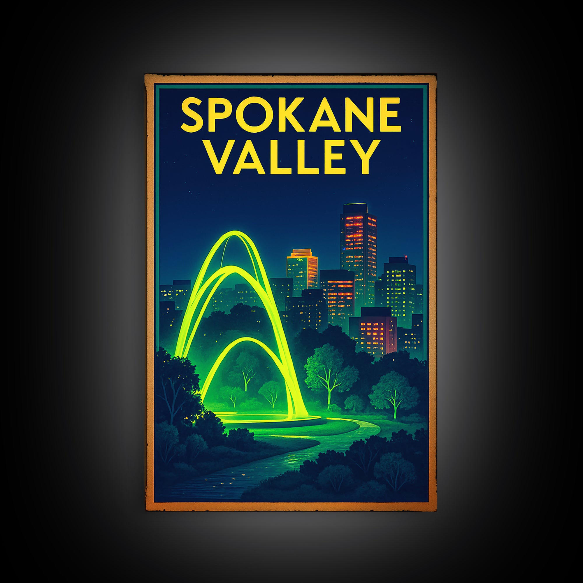 Spokane Valley Travel Poster, Framed Canvas Print, Cyberpunk Style City Art, Spokane Valley Wall Art, Vintage Travel Print, Retro Poster