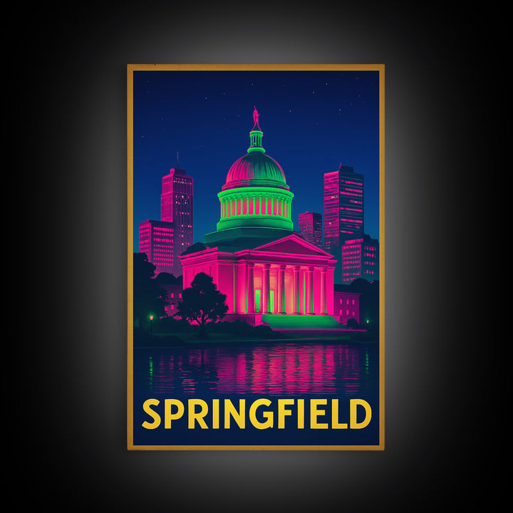 Springfield Travel Poster, Framed Canvas Print, Cyberpunk Style City Art, Springfield Travel Art, Fine Art Print, Mid Century Wall Art