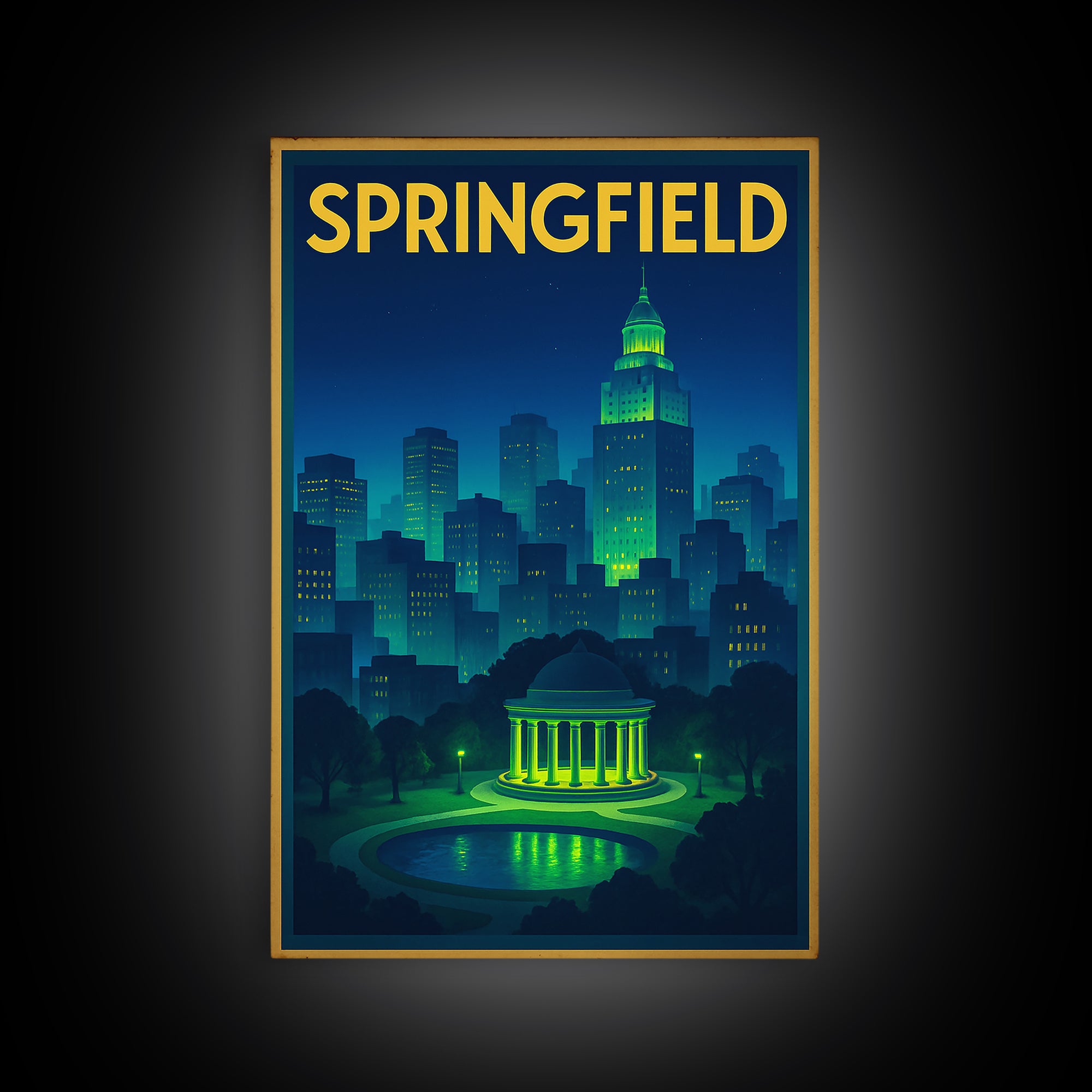Springfield Travel Poster, Canvas Print, Electric Night Poster Art, Springfield Poster Print, Wanderlust Decor, Travel Art Print
