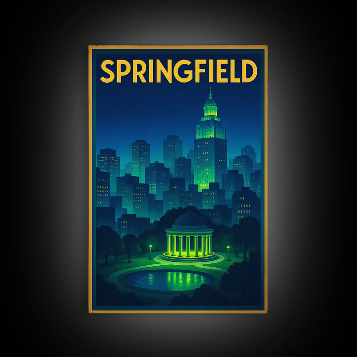 Springfield Travel Poster, Canvas Print, Electric Night Poster Art, Springfield Poster Print, Wanderlust Decor, Travel Art Print