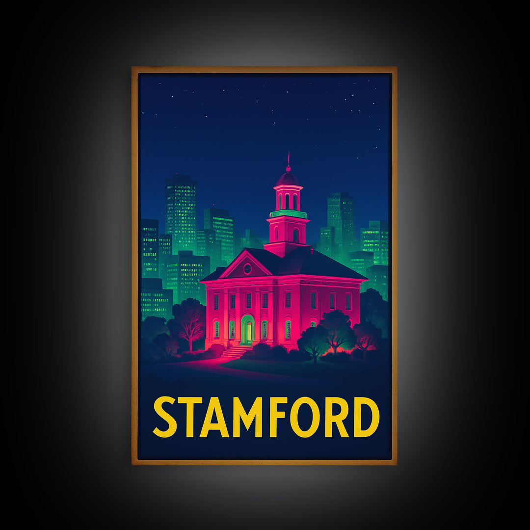 Stamford Connecticut Travel Poster, Canvas Print, Neon City Skyline Wall Art, Stamford Print, Travel Wall Art, Travel Print, Retro Poster
