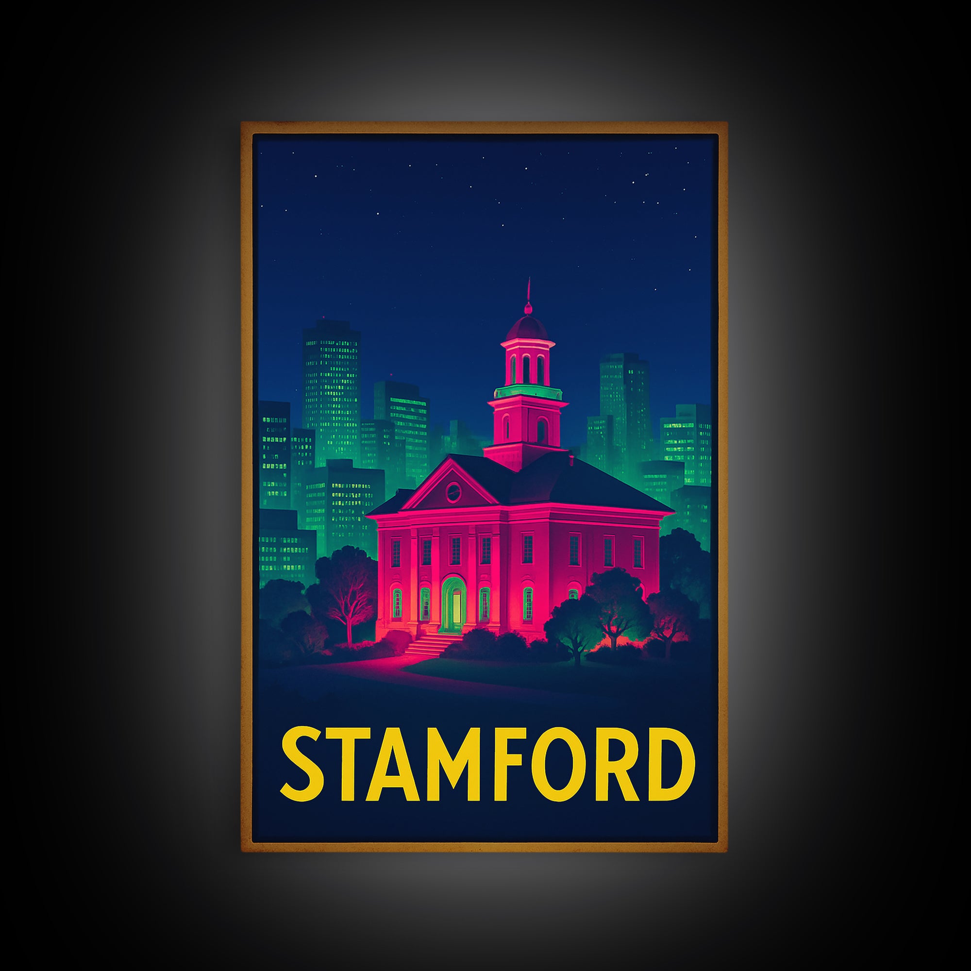 Stamford Connecticut Travel Poster, Canvas Print, Neon City Skyline Wall Art, Stamford Print, Travel Wall Art, Travel Print, Retro Poster