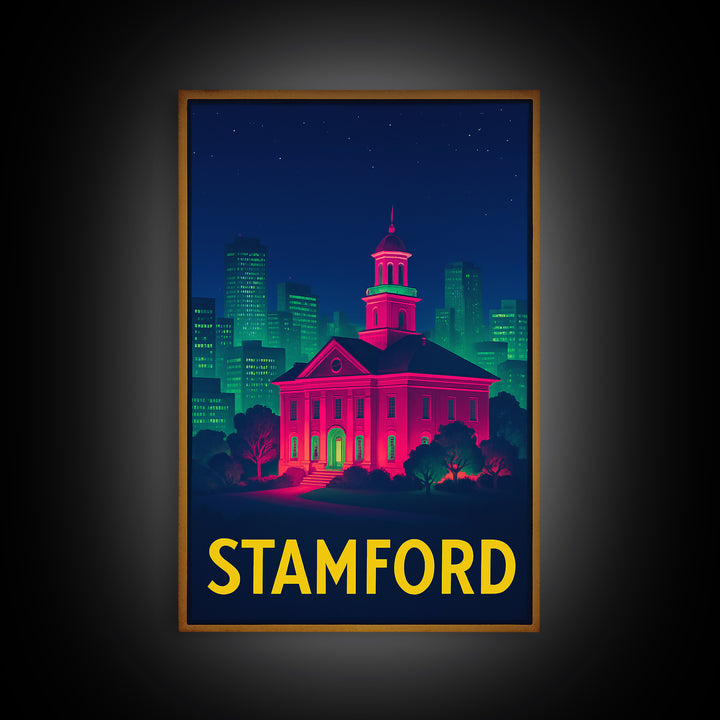 Stamford Connecticut Travel Poster, Canvas Print, Neon City Skyline Wall Art, Stamford Print, Travel Wall Art, Travel Print, Retro Poster