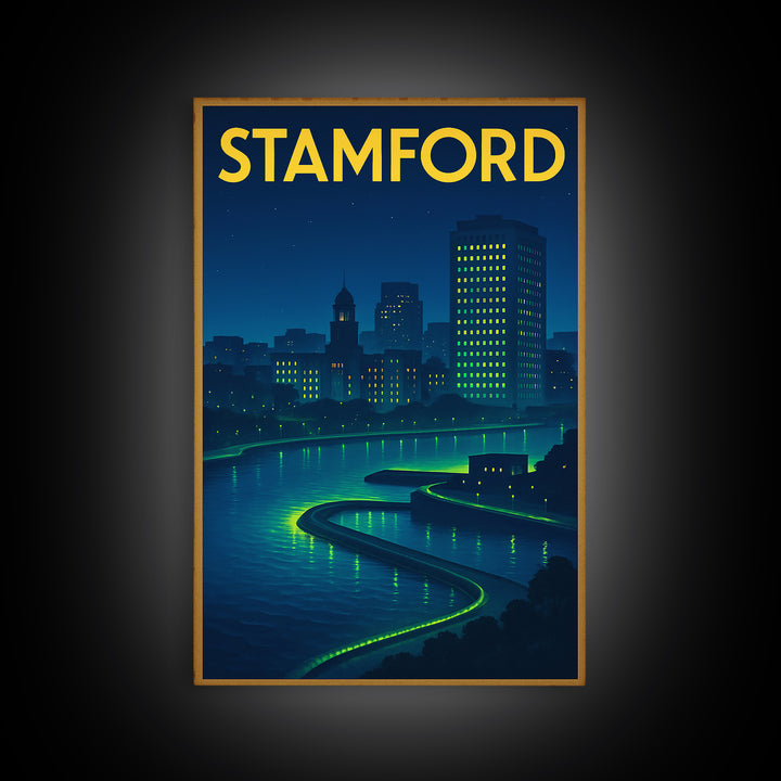 Stamford Travel Poster, Framed Canvas Print, Electric Night Poster Art, Stamford Travel Art, Travel Wall Decor, Travel Wall Art