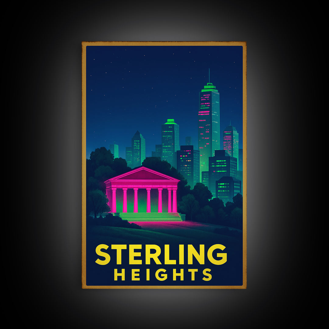 Sterling Heights Michigan Travel Poster, Canvas Print, Electric Night Poster Art, Sterling Heights Art Print, Retro Travel Print, Wall Decor