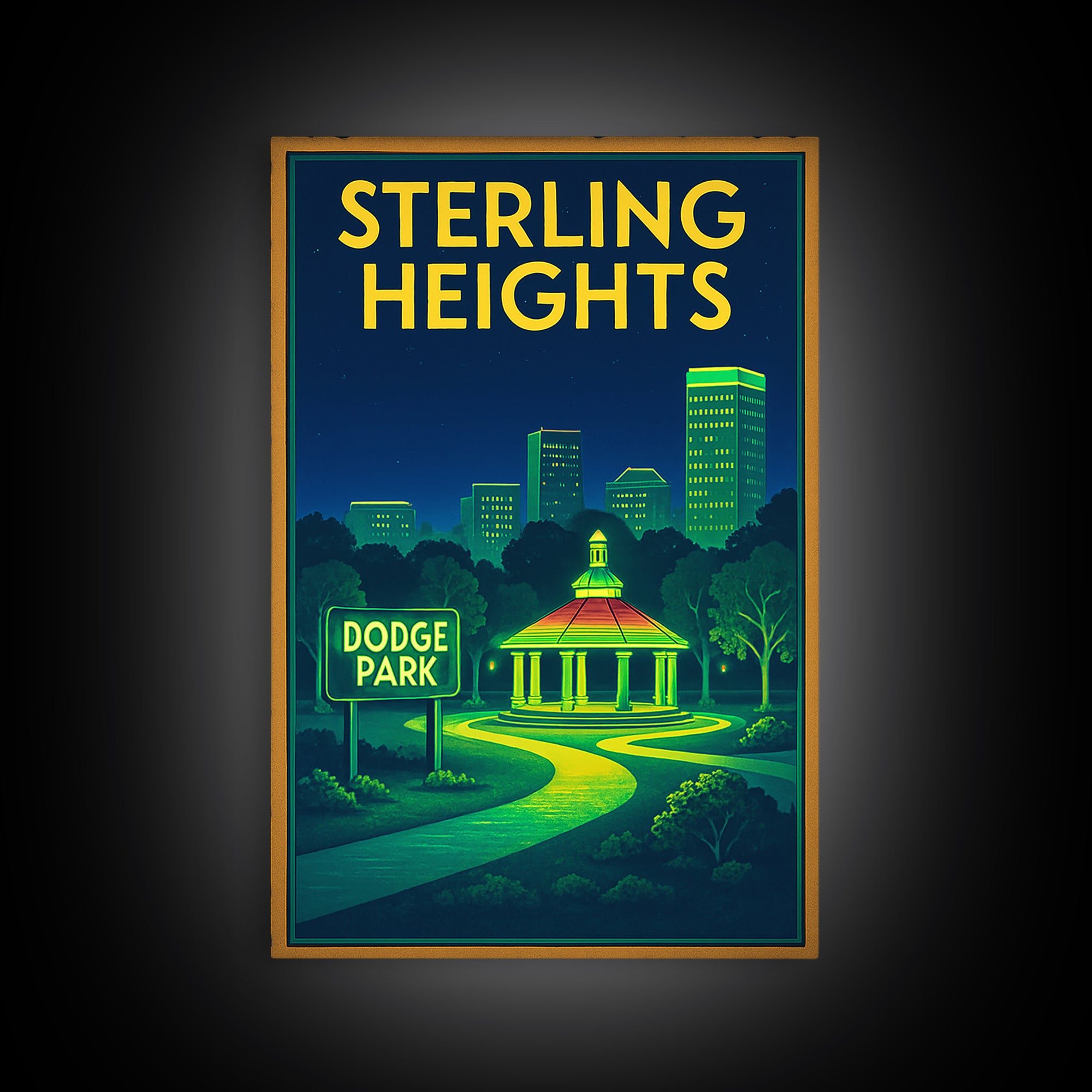 Sterling Heights Travel Poster, Framed Canvas Print, Neon City Skyline Wall Art, Sterling Heights Poster Print, City Illustration