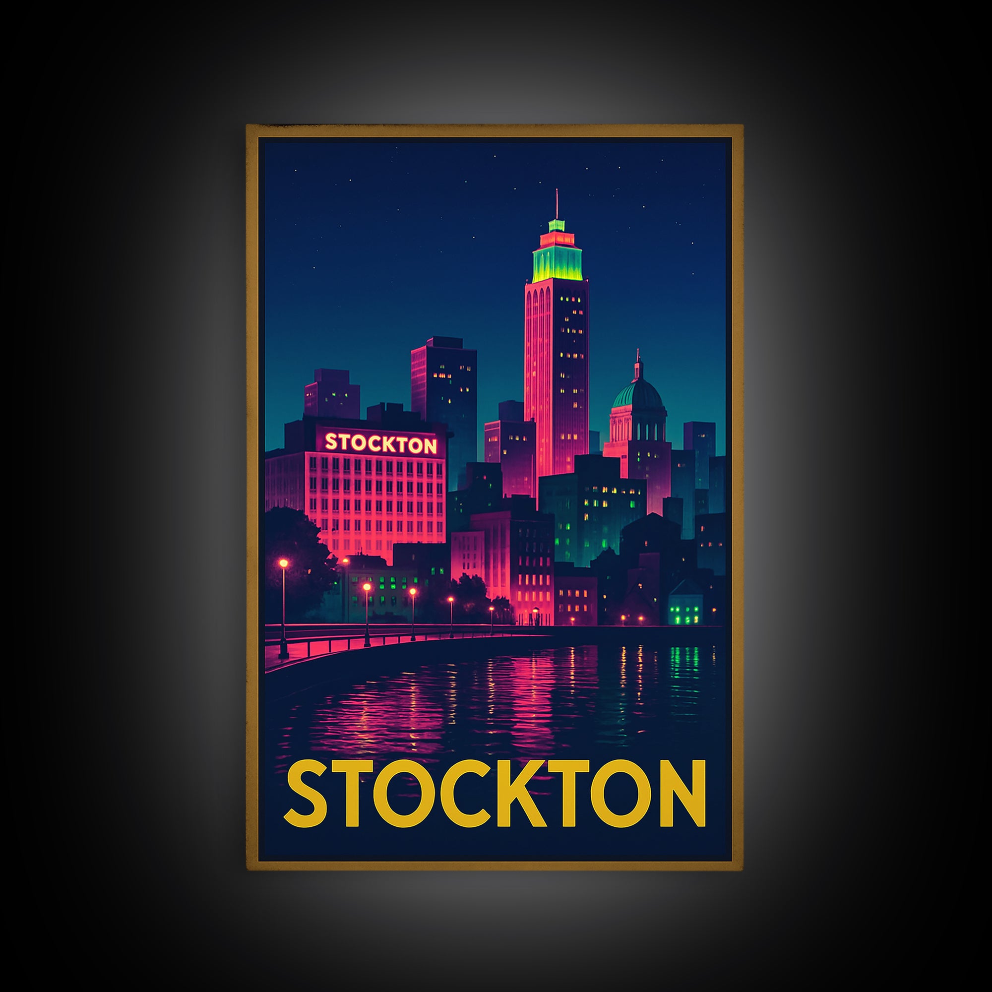 Stockton California Travel Poster, Canvas Print, Neon Skyline Art Wall Art, Stockton Art Print, Vintage City Art, Poster Art