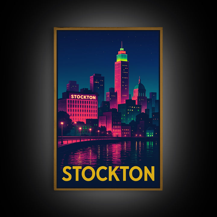 Stockton California Travel Poster, Canvas Print, Neon Skyline Art Wall Art, Stockton Art Print, Vintage City Art, Poster Art