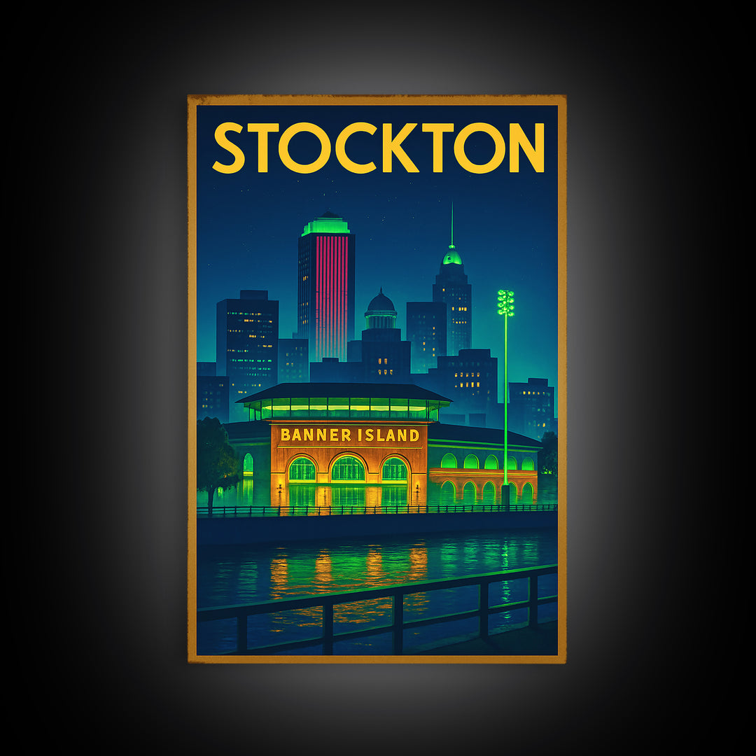 Stockton Travel Poster, Framed Canvas Print, Neon City Skyline Wall Art, Stockton Poster Print, Vintage City Art, Vintage Travel Art