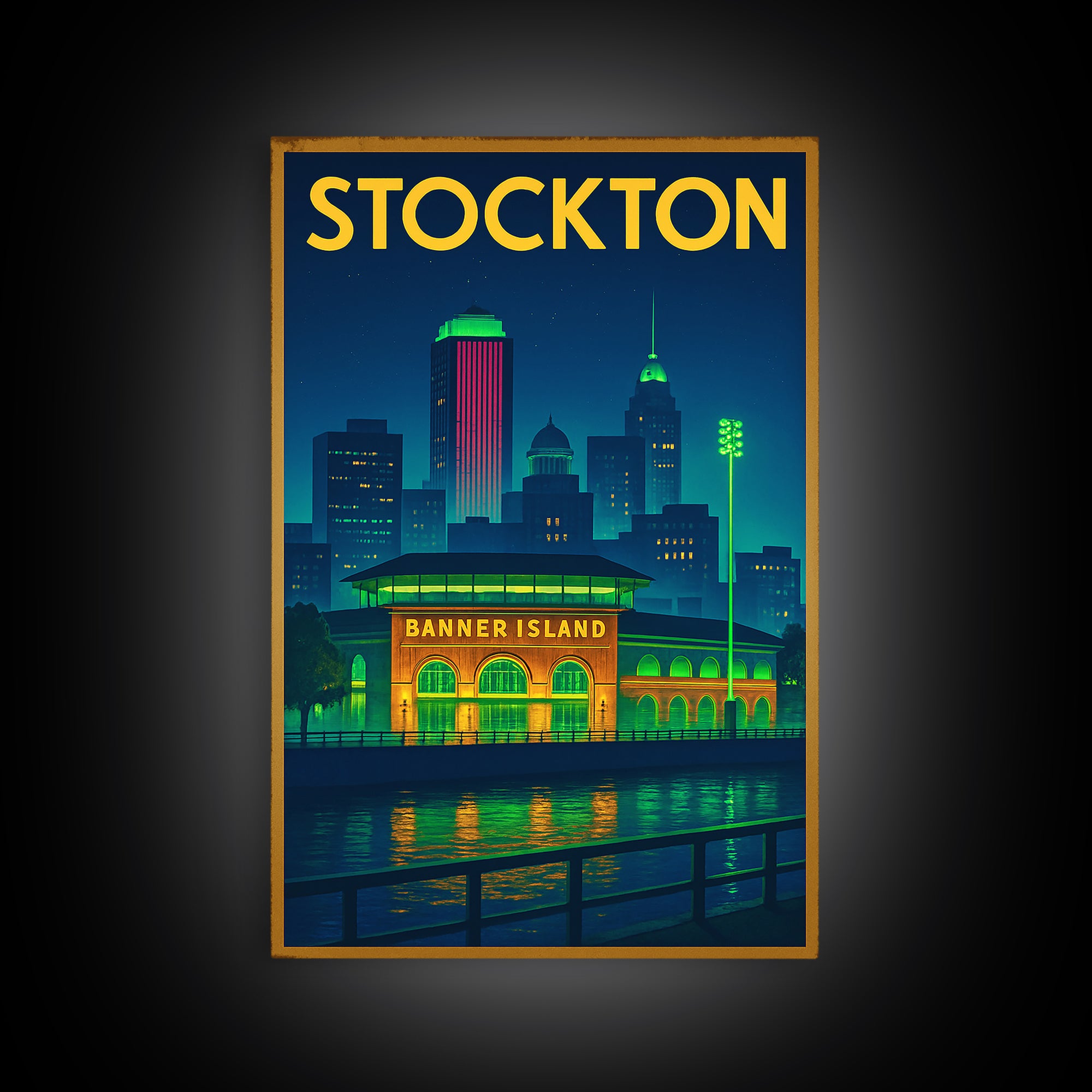 Stockton Travel Poster, Framed Canvas Print, Neon City Skyline Wall Art, Stockton Poster Print, Vintage City Art, Vintage Travel Art