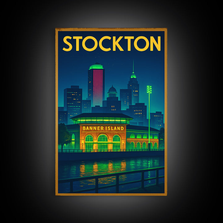 Stockton Travel Poster, Framed Canvas Print, Neon City Skyline Wall Art, Stockton Poster Print, Vintage City Art, Vintage Travel Art