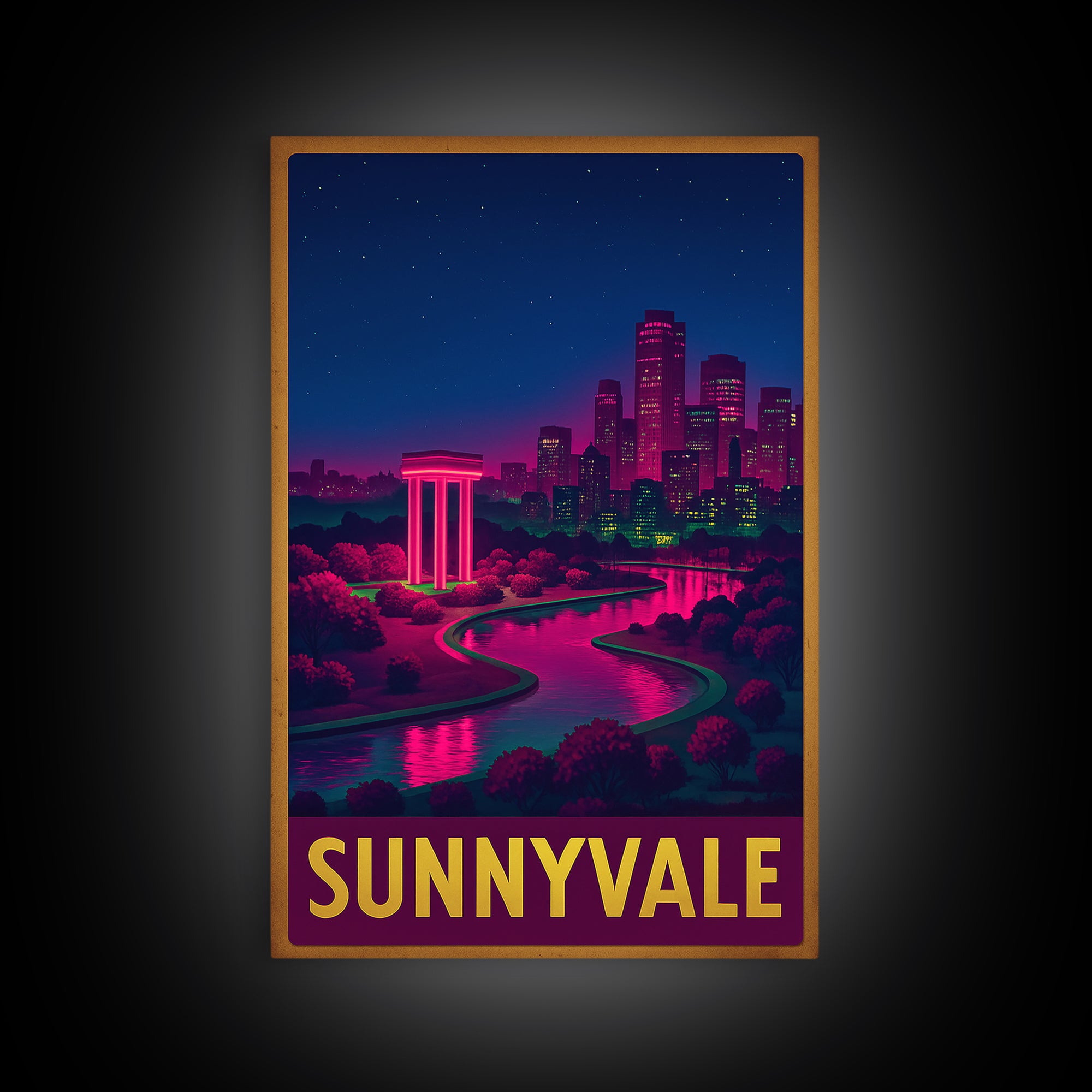 Sunnyvale California Travel Poster, Canvas Print, Neon Downtown Skyline Wall Art, Sunnyvale Art Print, Home Office Decor, Retro Travel Print