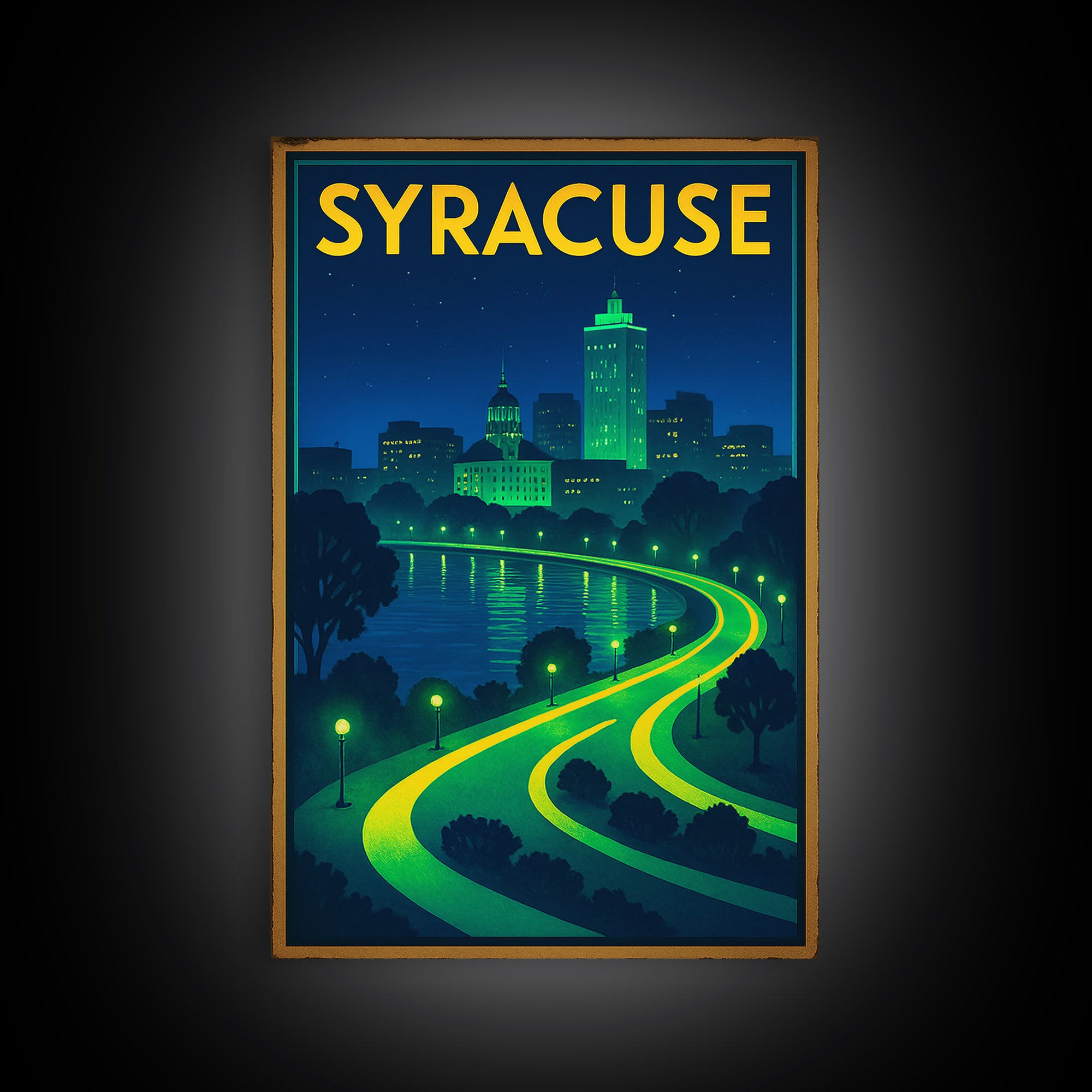 Syracuse Travel Poster, Framed Canvas Print, Neon City Skyline Wall Art, Syracuse Travel Art, Travel Art Print, Vintage Travel Print