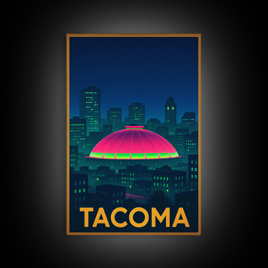 Tacoma Washington Travel Poster, Framed Canvas Print, Cyberpunk Style City Art, Tacoma Travel Art, Vintage City Poster, Mid Century Wall Art