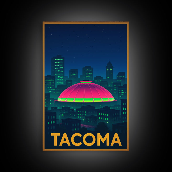Tacoma Washington Travel Poster, Framed Canvas Print, Cyberpunk Style City Art, Tacoma Travel Art, Vintage City Poster, Mid Century Wall Art