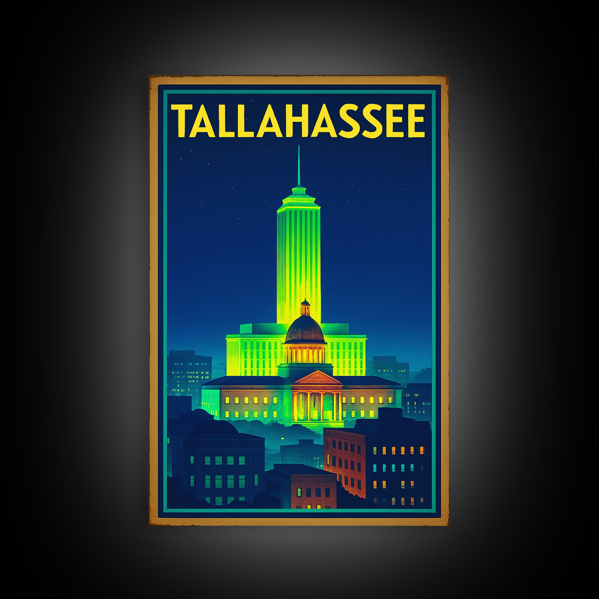 Talahassee Travel Poster, Framed Canvas Print, Neon Downtown Skyline Wall Art, Talahassee Art Print, Gift For Travelers, Vintage City Poster