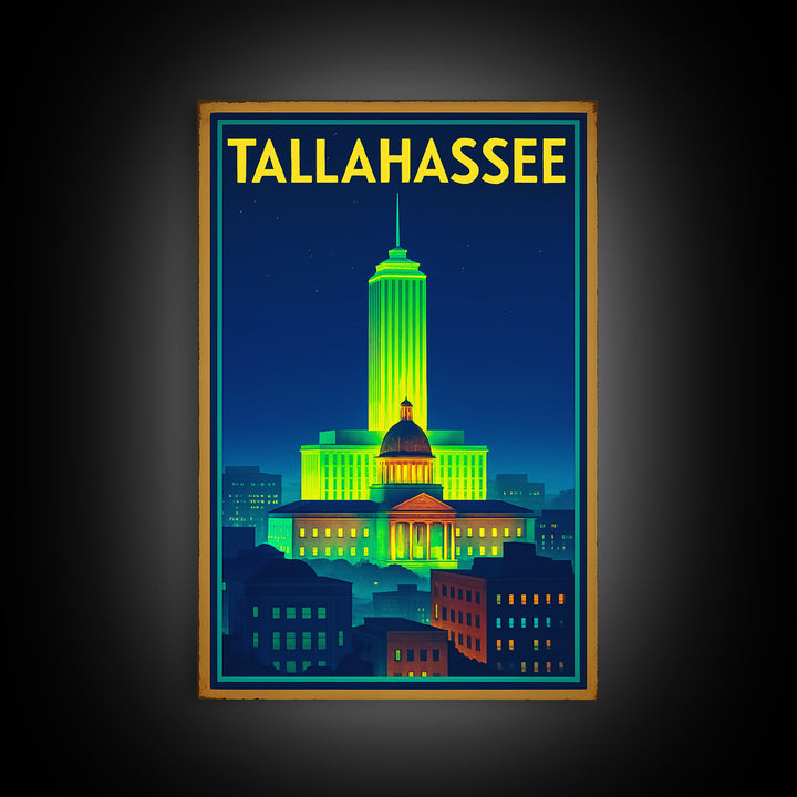 Talahassee Travel Poster, Framed Canvas Print, Neon Downtown Skyline Wall Art, Talahassee Art Print, Gift For Travelers, Vintage City Poster