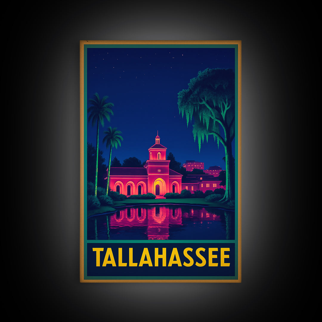 Tallahasse Travel Poster, Canvas Print, Retro Neon Travel Art, Tallahasse City Art, Fine Art Print, Watercolor Skyline, Travel Poster Art