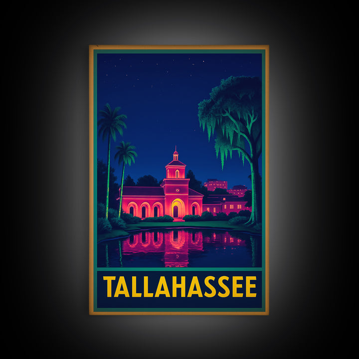 Tallahasse Travel Poster, Canvas Print, Retro Neon Travel Art, Tallahasse City Art, Fine Art Print, Watercolor Skyline, Travel Poster Art
