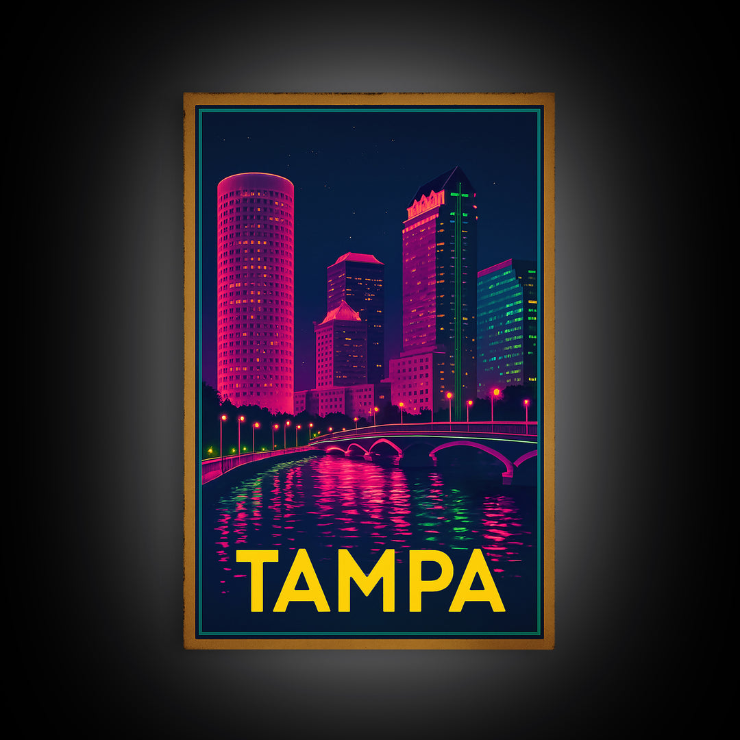 Tampa Florida Travel Poster, Canvas Print, Electric Night Poster Art, Tampa City Art, Wanderlust Decor, Travel Wall Art, Home Office Decor