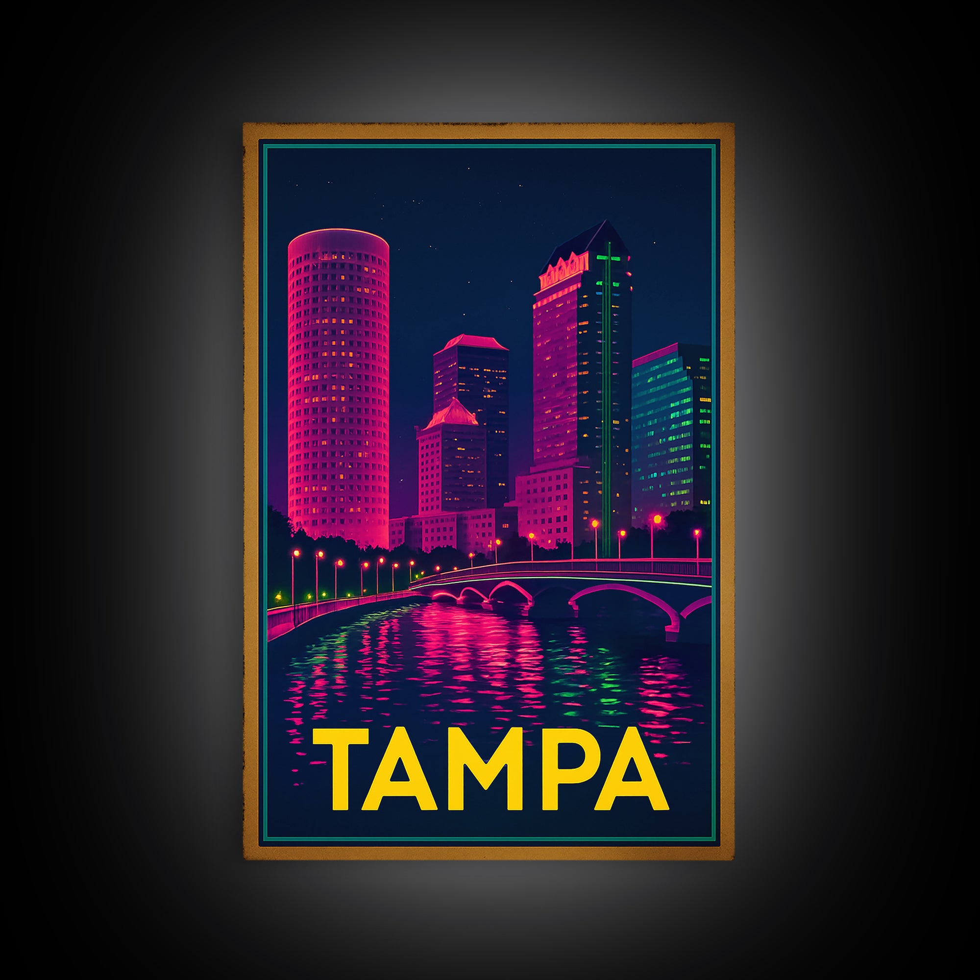 Tampa Florida Travel Poster, Canvas Print, Electric Night Poster Art, Tampa City Art, Wanderlust Decor, Travel Wall Art, Home Office Decor