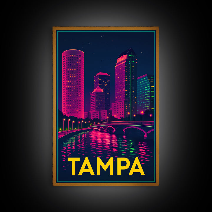 Tampa Florida Travel Poster, Canvas Print, Electric Night Poster Art, Tampa City Art, Wanderlust Decor, Travel Wall Art, Home Office Decor