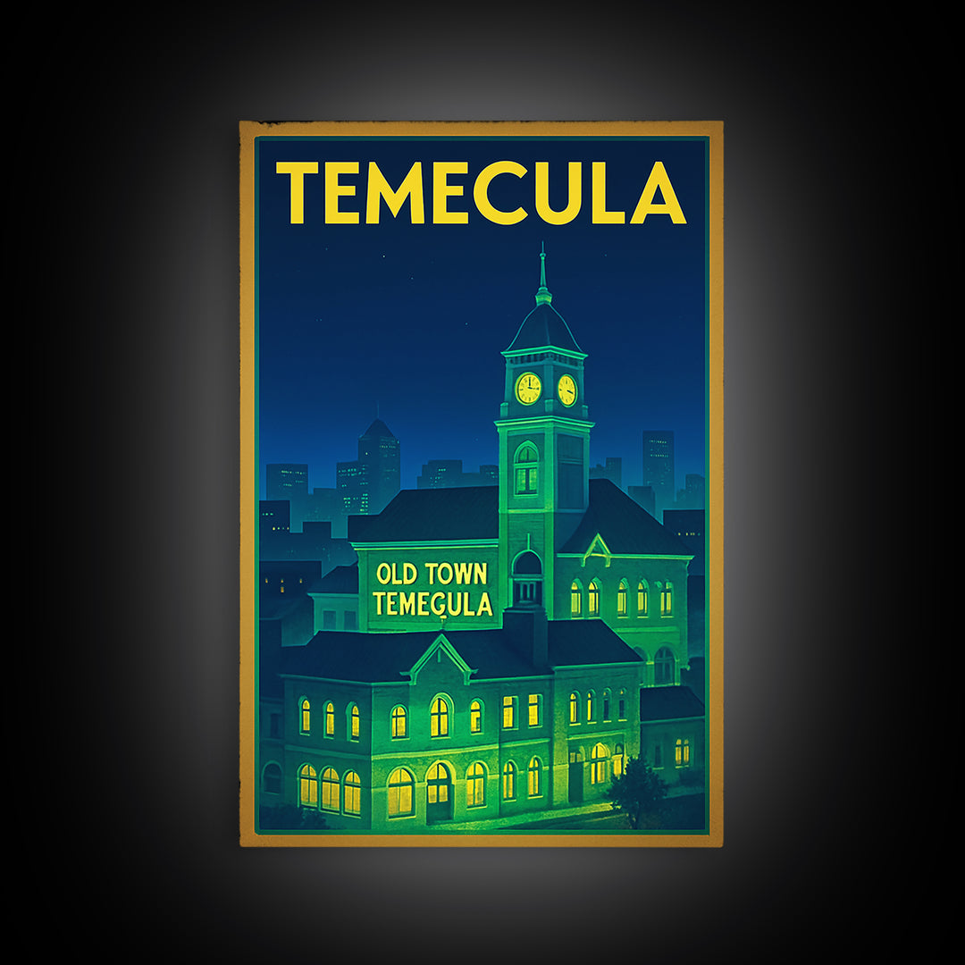 Temecula Travel Poster, Framed Canvas Print, Electric Night Poster Art, Temecula City Art, Vintage City Poster, Vintage Travel Art