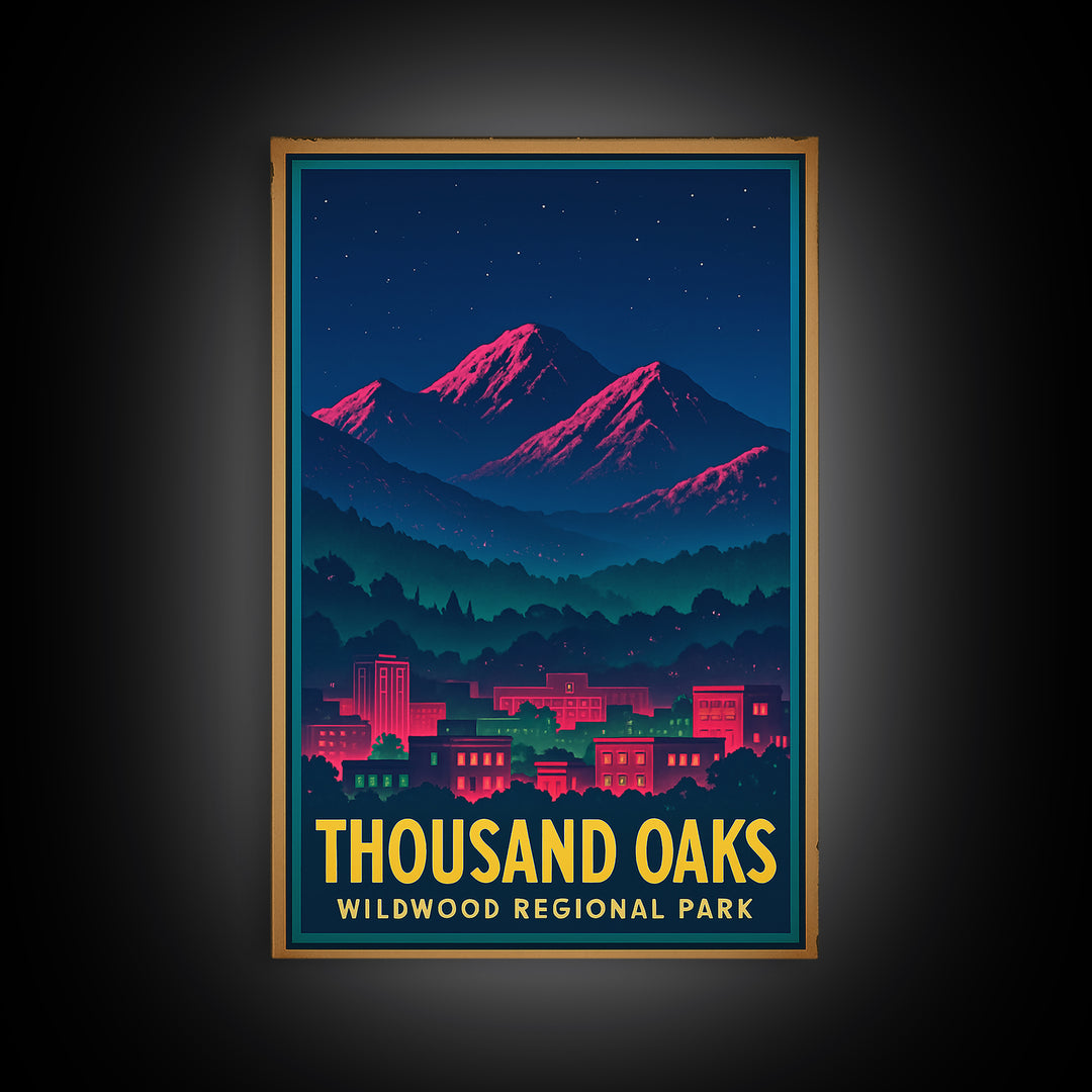 Thousand Oaks California Travel Poster, Canvas Print, Retro Neon Travel Art, Thousand Oaks Poster Print, Gift For Travelers, Wall Art
