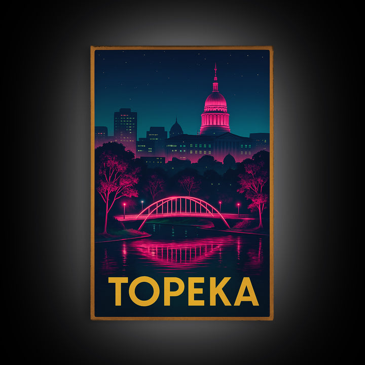 Topeka Kansas Travel Poster, Canvas Print, Retro Neon Travel Art, Topeka City Art, Travel Poster Art, Travel Wall Art, Living Room Wall Art