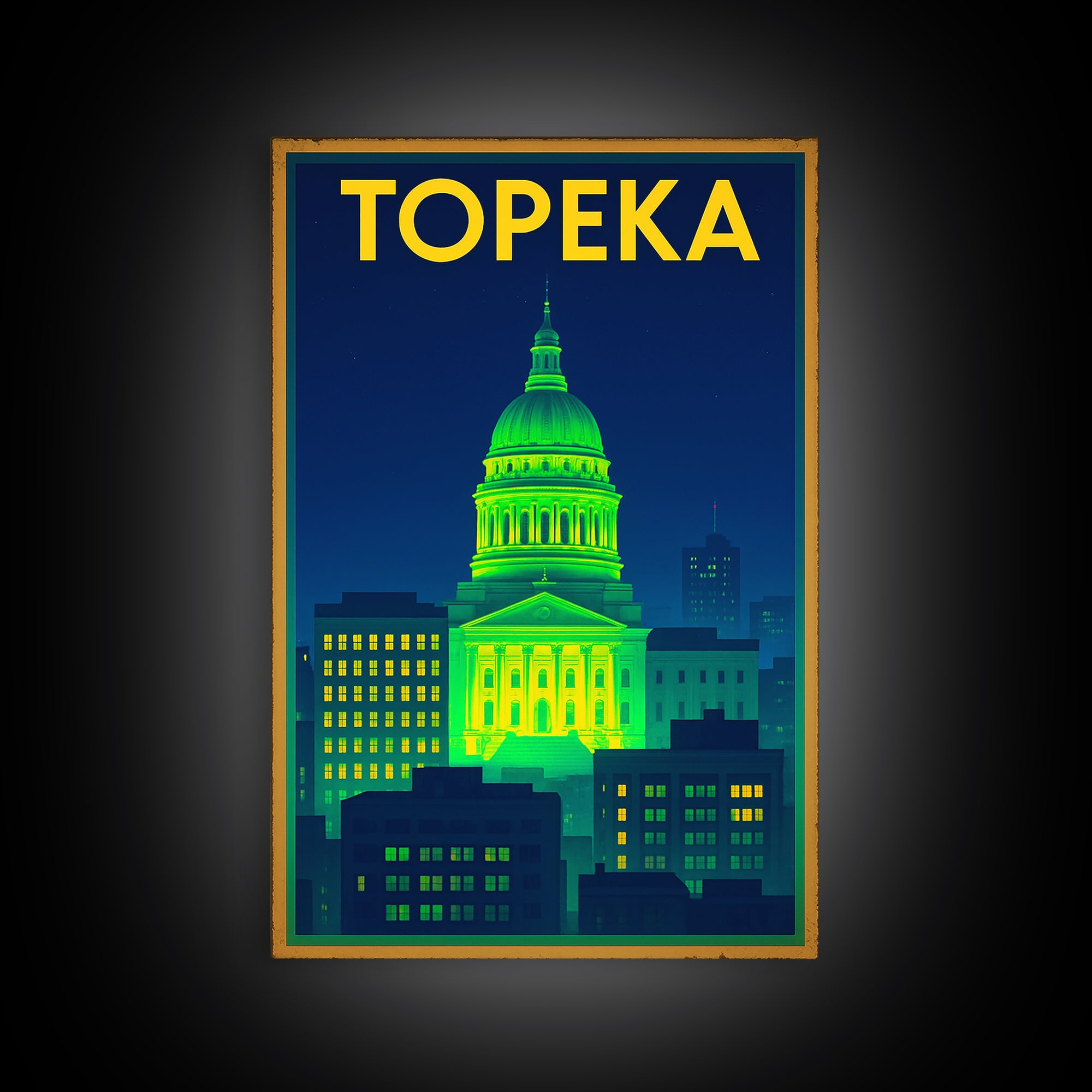 Topeka Travel Poster, Canvas Print, Retro Neon Travel Art, Topeka Travel Art, Travel Poster Set, Travel Wall Decor, City Travel Prints