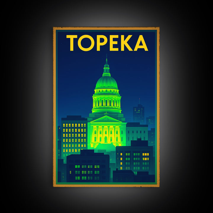 Topeka Travel Poster, Canvas Print, Retro Neon Travel Art, Topeka Travel Art, Travel Poster Set, Travel Wall Decor, City Travel Prints