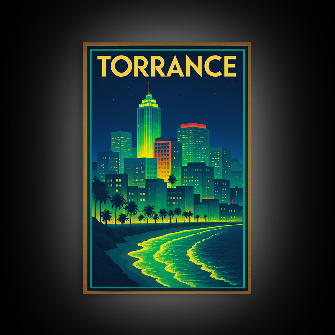 Torrance Travel Poster, Canvas Print, Cyberpunk Style City Art, Torrance Travel Art, Mid Century Wall Art, City Travel Prints, Design 2