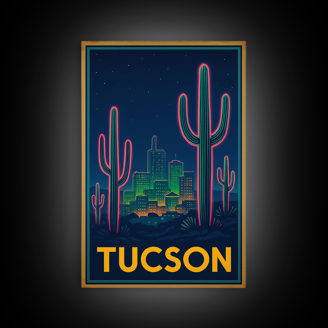 Tucson Arizona Travel Poster, Canvas Print, Retro Neon Travel Art, Tucson City Art, Travel Poster Set, Watercolor Skyline Art, Art Print