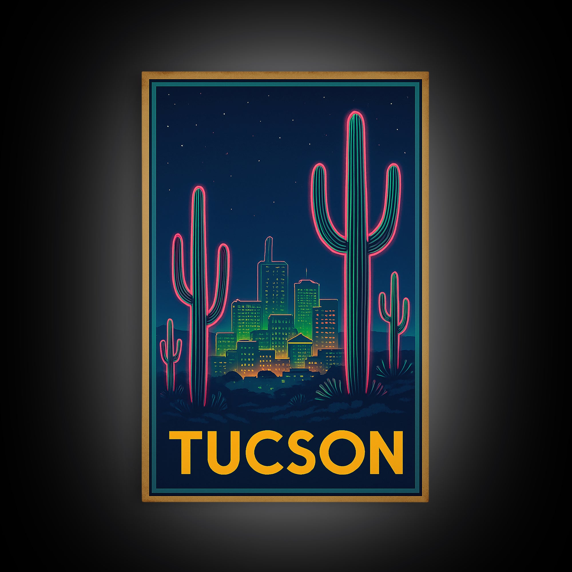 Tucson Arizona Travel Poster, Canvas Print, Retro Neon Travel Art, Tucson City Art, Travel Poster Set, Watercolor Skyline Art, Art Print