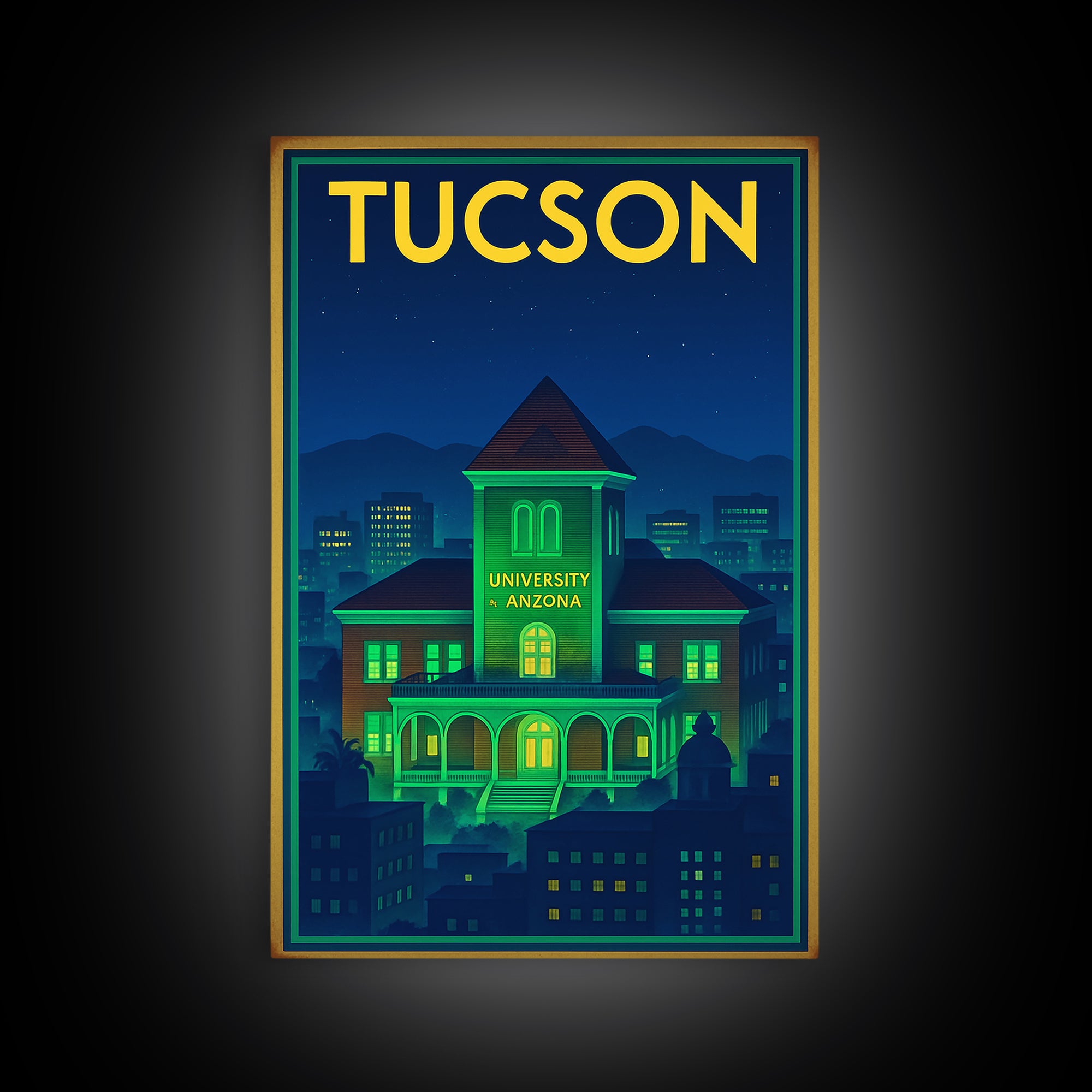 Tucson Travel Poster, Framed Canvas Print, Neon Skyline Wall Art, Tucson Travel Art, City Travel Prints, City Illustration, Art Print