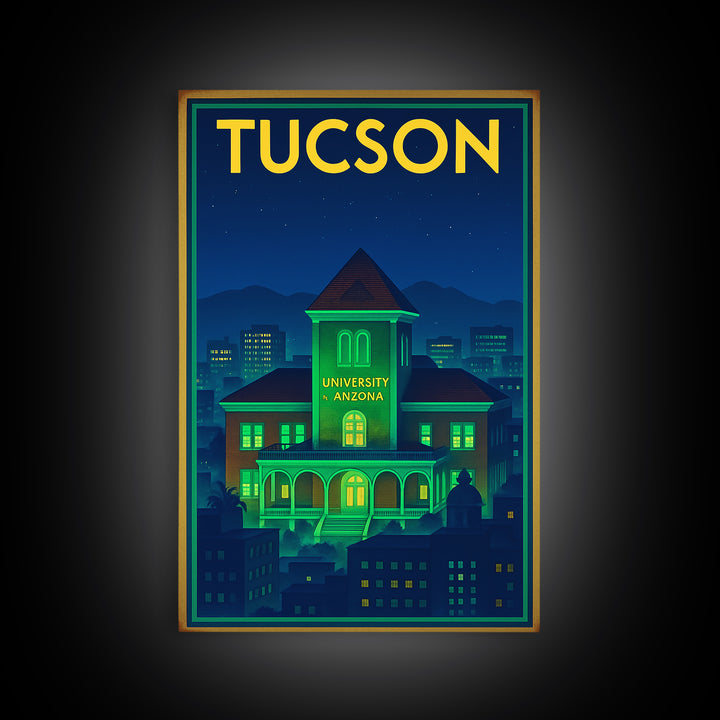 Tucson Travel Poster, Framed Canvas Print, Neon Skyline Wall Art, Tucson Travel Art, City Travel Prints, City Illustration, Art Print