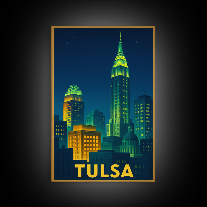 Tulsa Oklahoma Travel Poster, Canvas Print, Electric Night Poster Art, Tulsa Wall Art, City Travel Prints, Watercolor Cityscape, Poster Art
