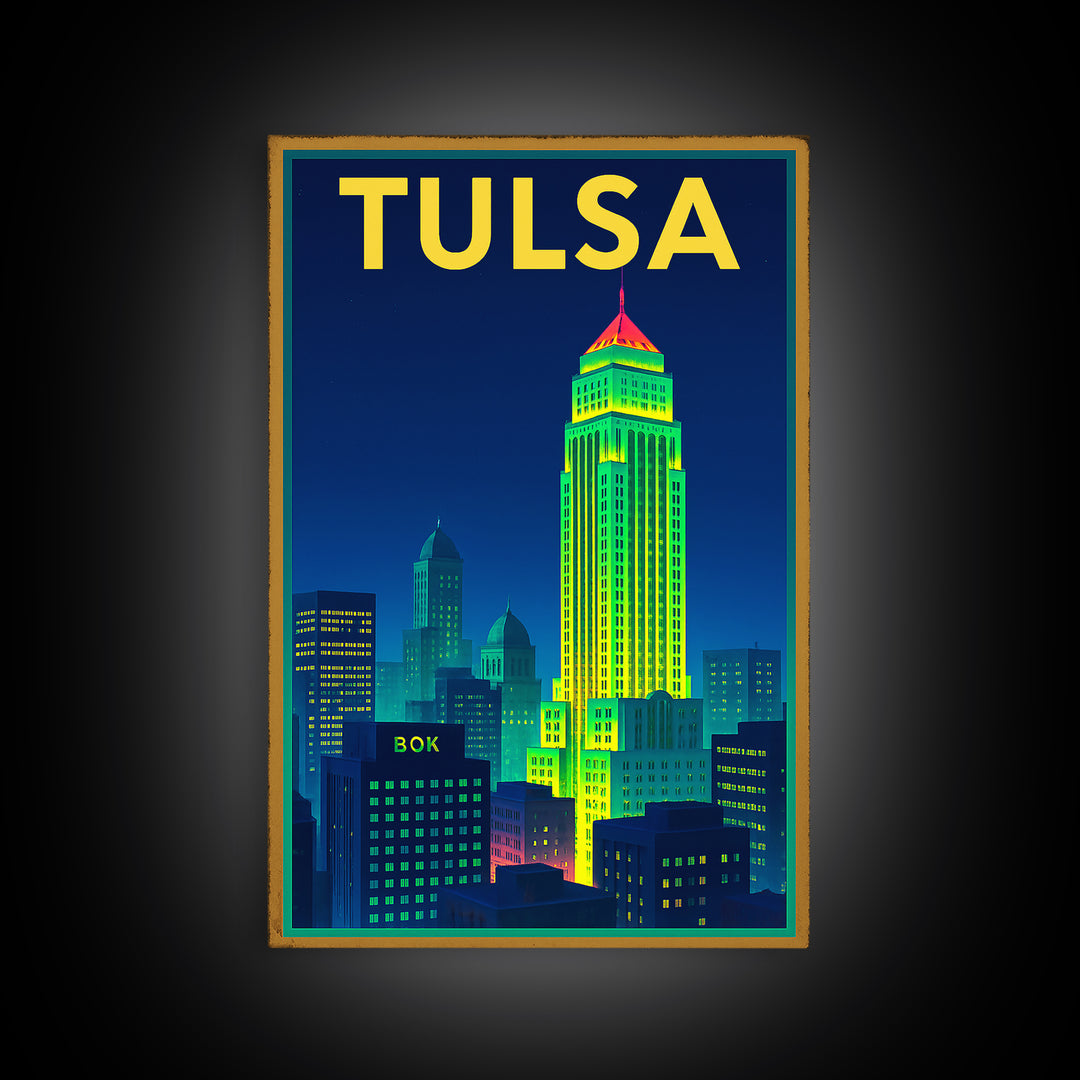 Tulsa Travel Poster, Canvas Print, Retro Neon Travel Art, Tulsa City Art, Vintage City Poster, Living Room Wall Art, Travel Wall Art