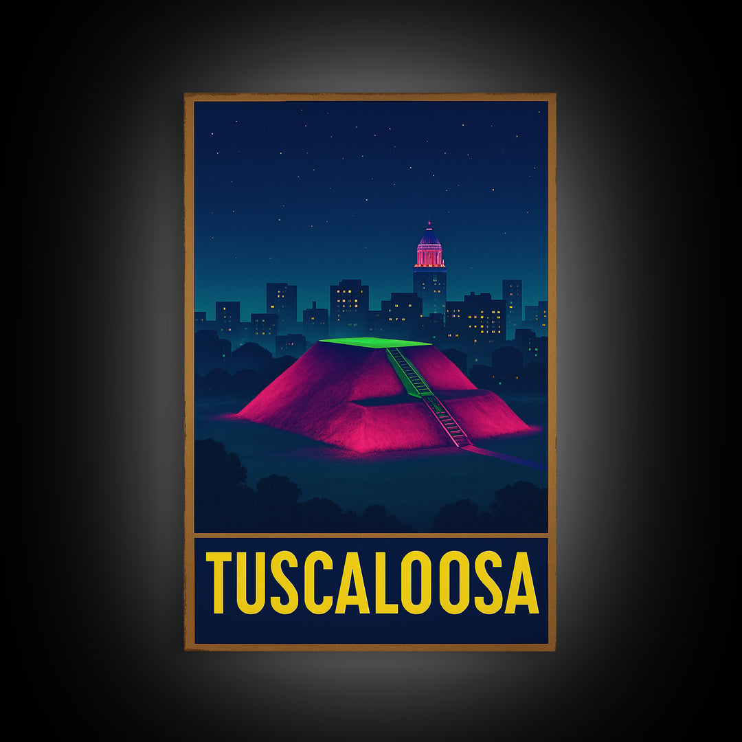 Tuscaloosa Alabama Travel Poster, Canvas Print, Neon Urban Skyline Wall Art, Tuscaloosa Poster Print, Travel Poster Set, Wall Art